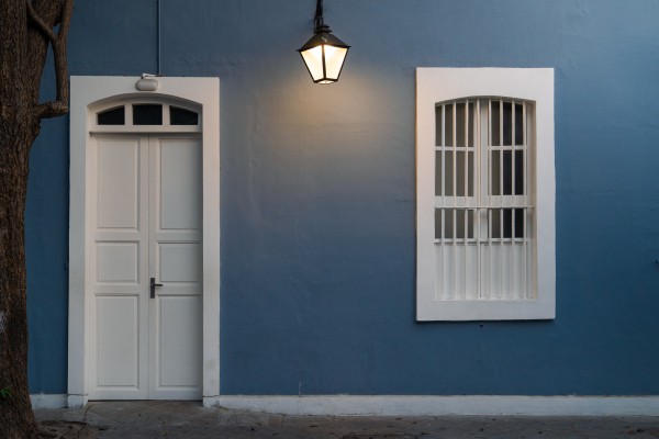 ash wall with white door and window