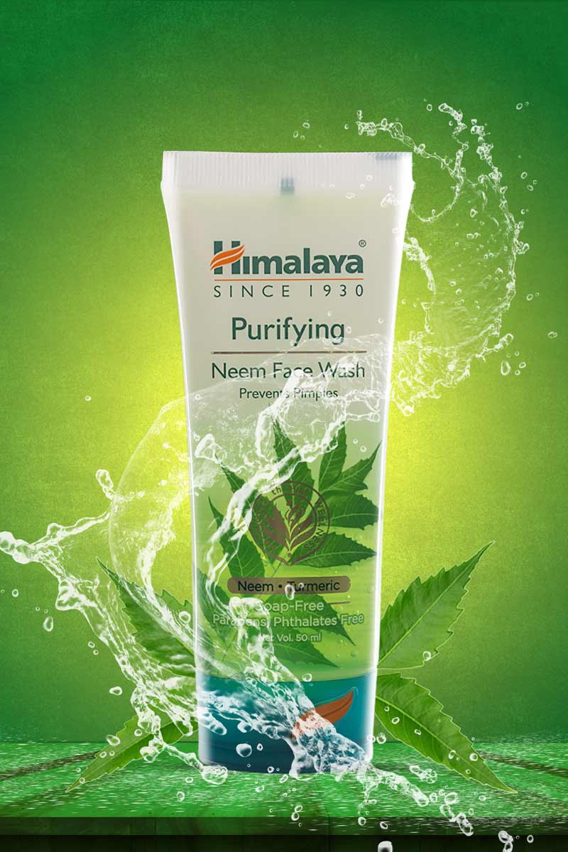 Himalaya facewash with water splash in green background