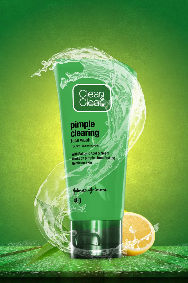 clean & clear facewash with water splash in green background