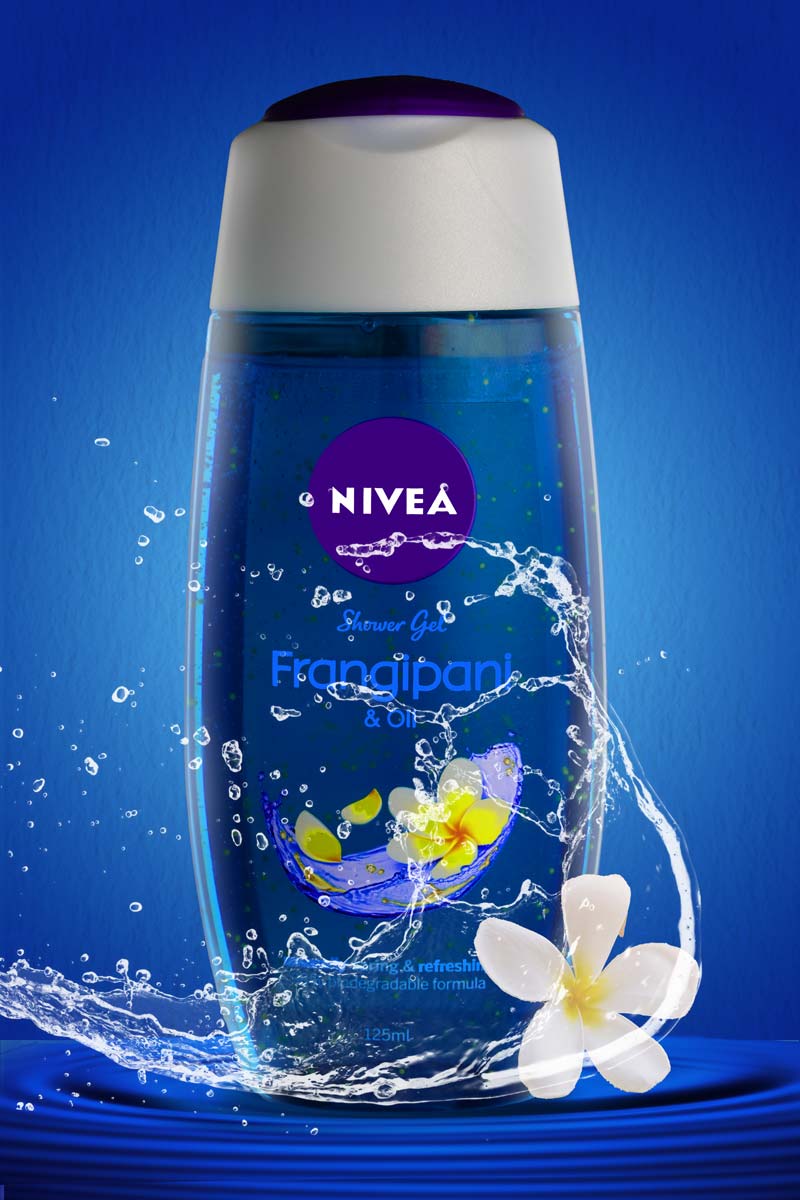 nivea shower gel with water splash in blue background