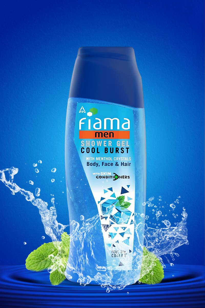 fiama men shower gel cool burst with water splash in blue background