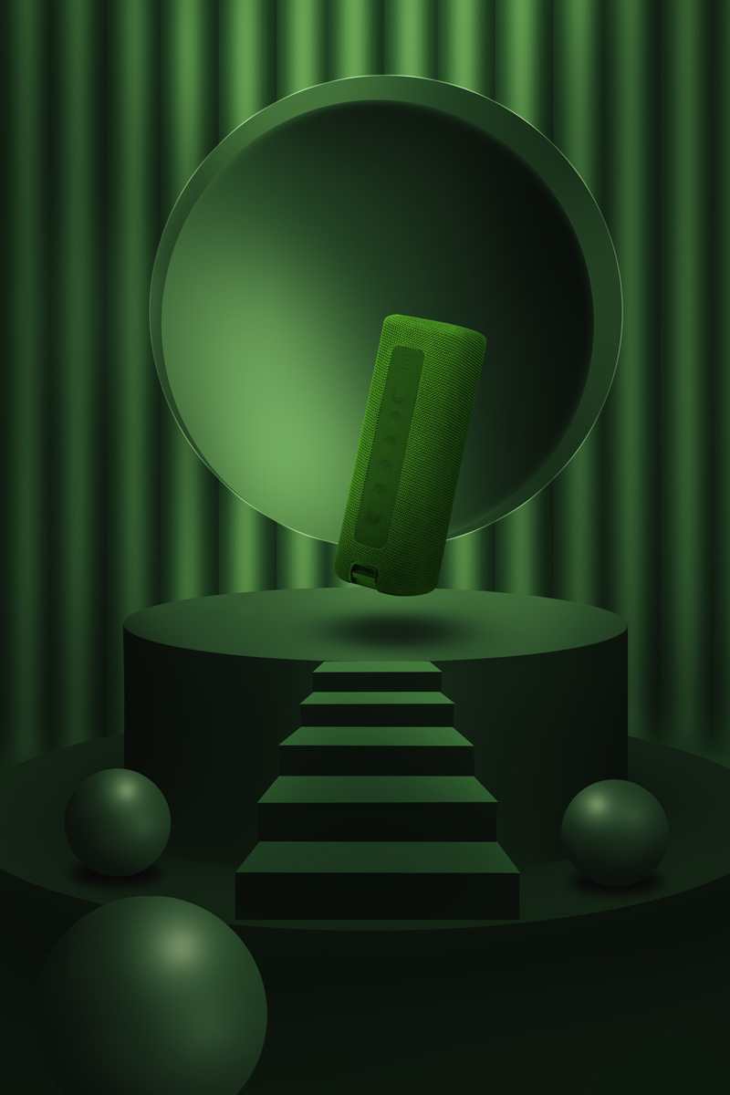 A photo of Bluetooth speaker with green graphics background.