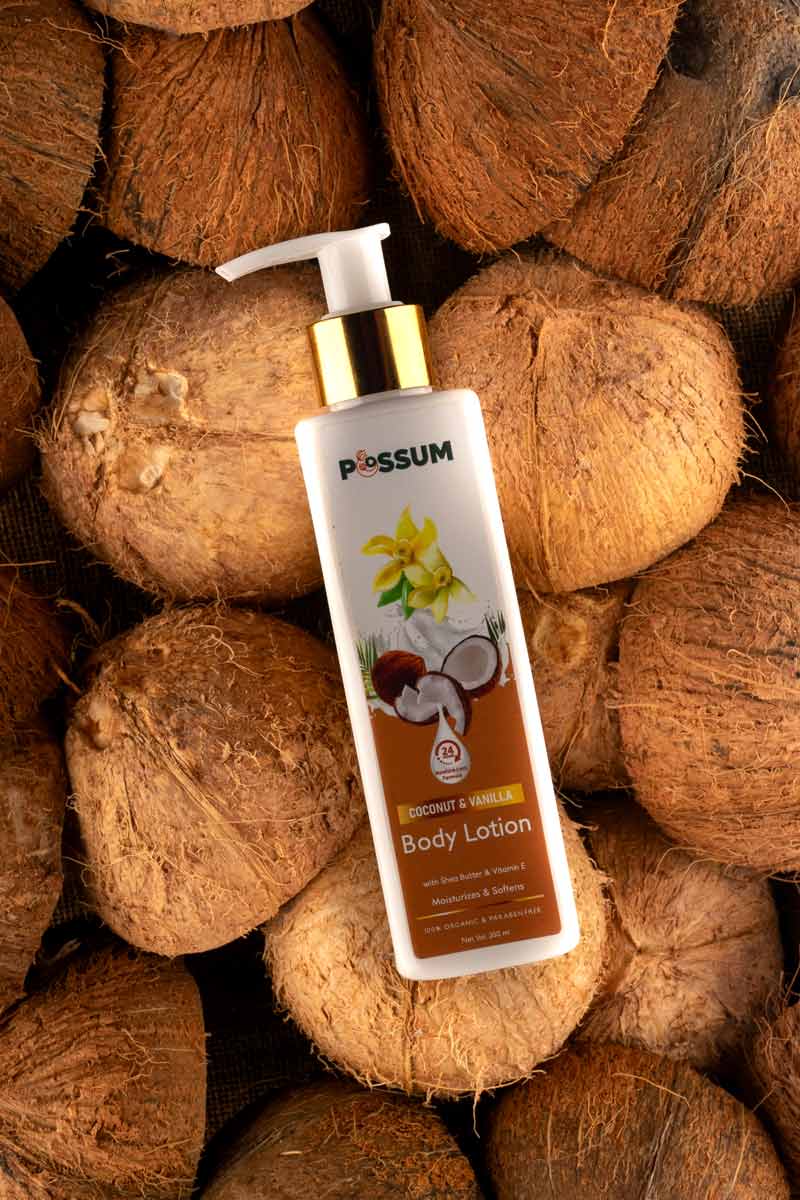 A body lotion with coconut texture background.
