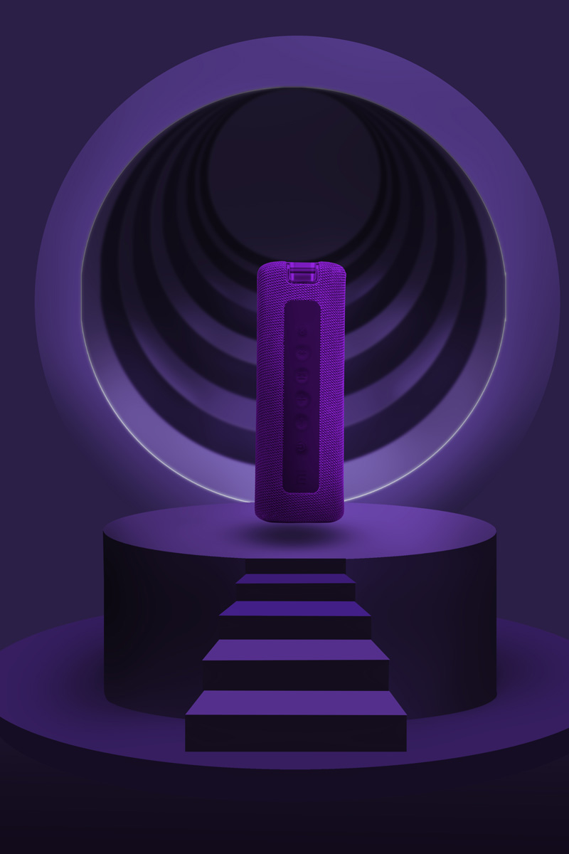 A photo of Bluetooth speaker with purple graphics background.