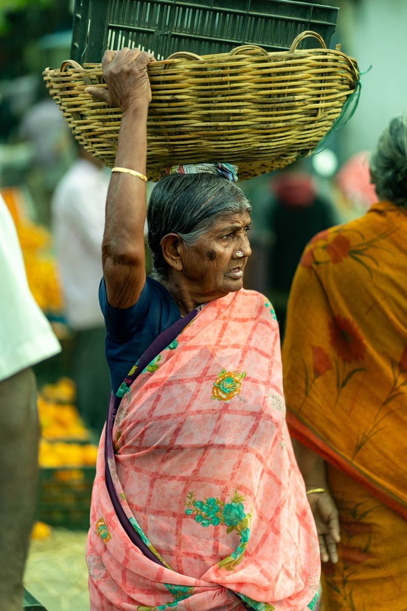 A photo of a old lady with basket.