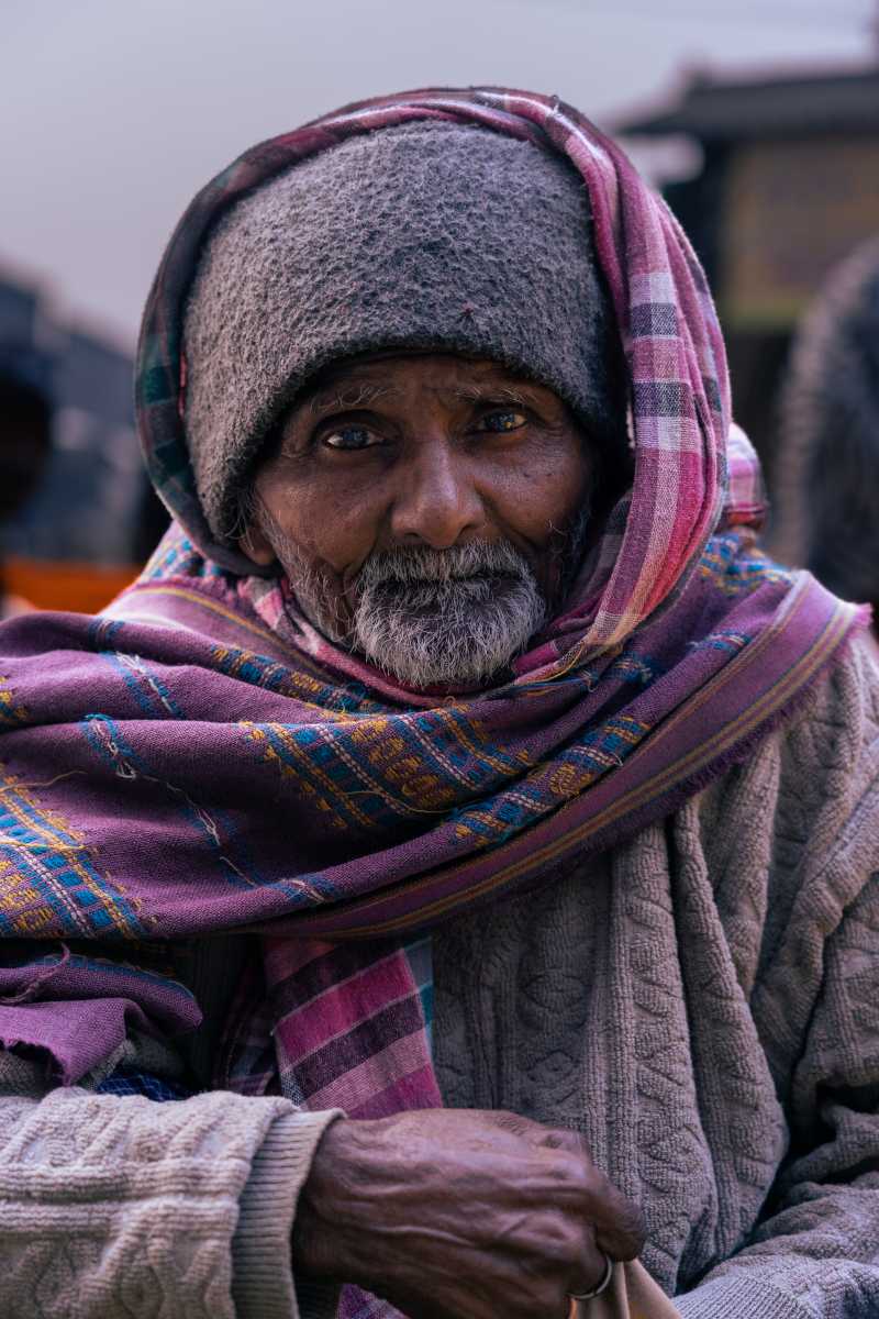 elderly glance in hoodie