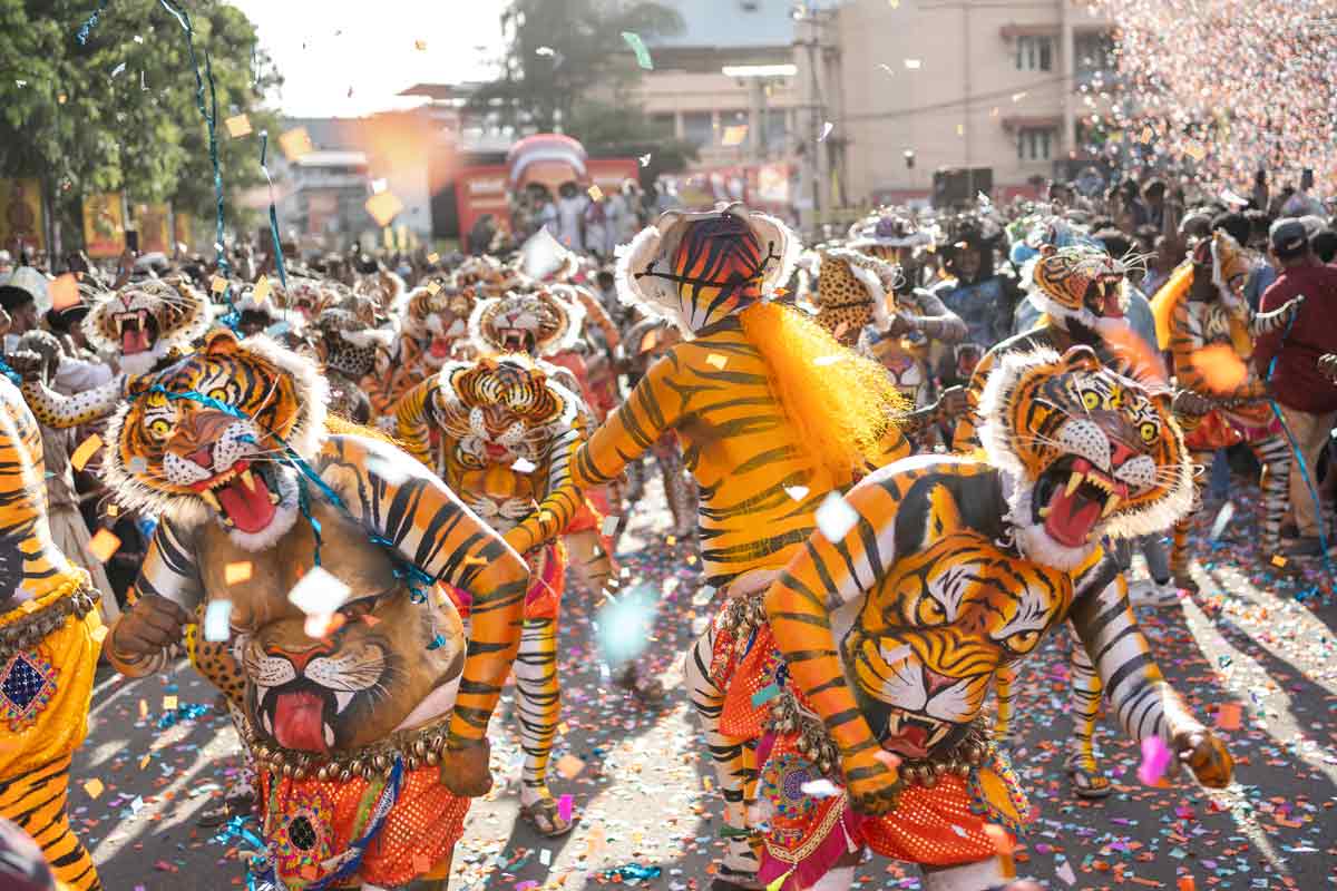 painted tigers dancing in public