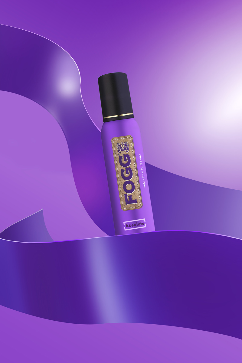 A perfume photo in purple ribbon graphics background.