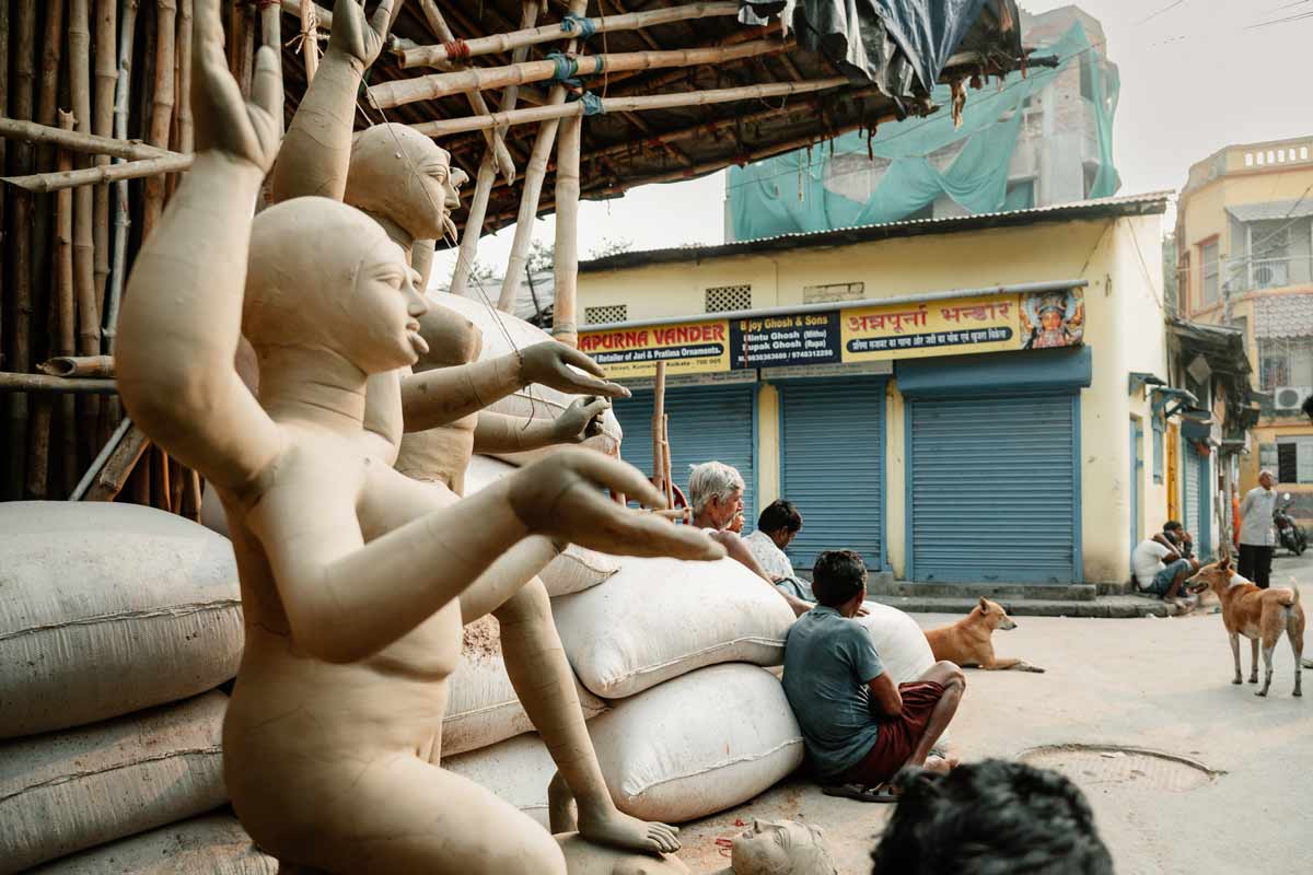 kumartuli street with idols