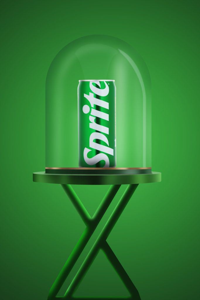 sprite can inside a glass cylinder