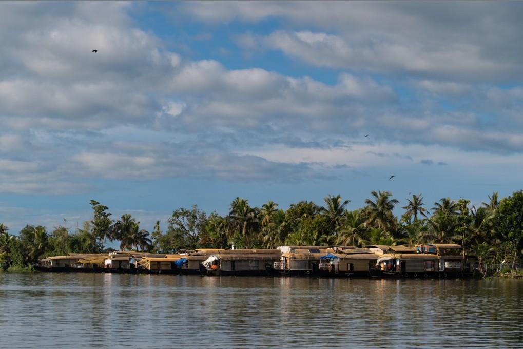 A group of houseboats are anchored in the river's bay.