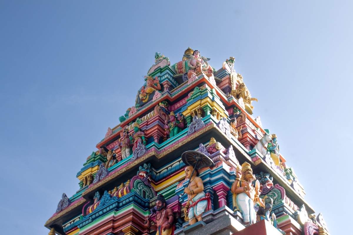 Top view of Vaishnava temples dome with colorful little sculptures.