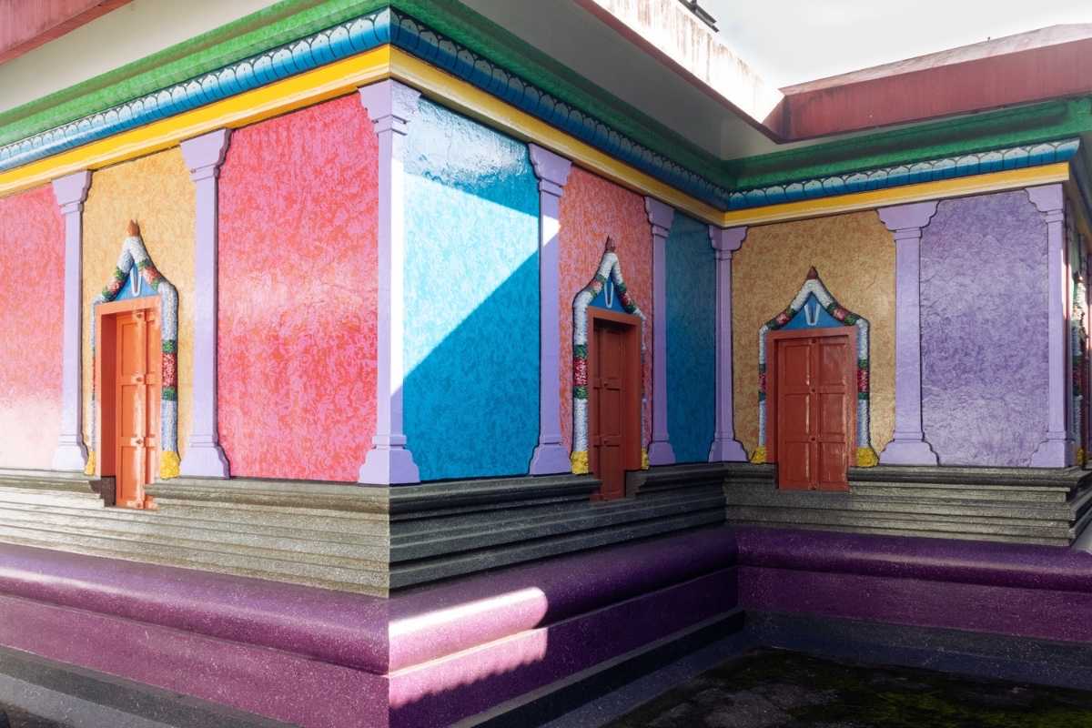 A view of 3 colorful walls of vaishnava temple.