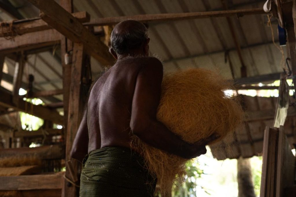 Processing : Man carrying a bundle of raw coir fiber.