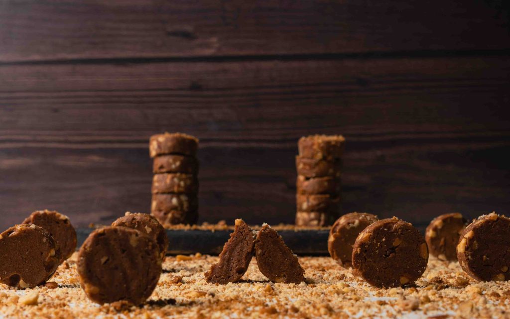 Chocolate biscuits with crunchy bite texture