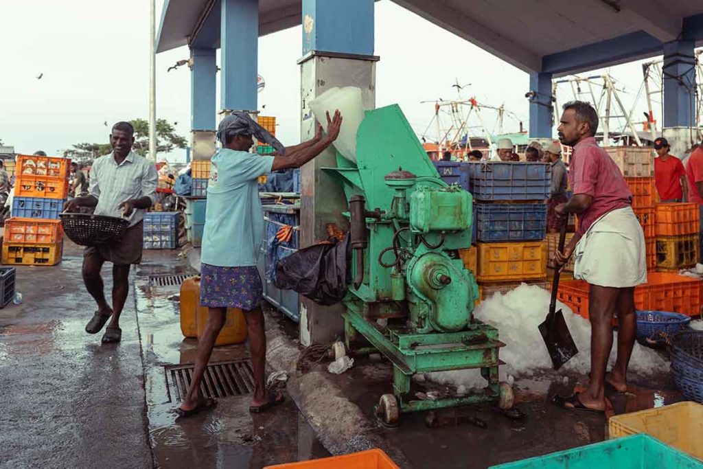 A man crushing the ice blocks with the crusher.