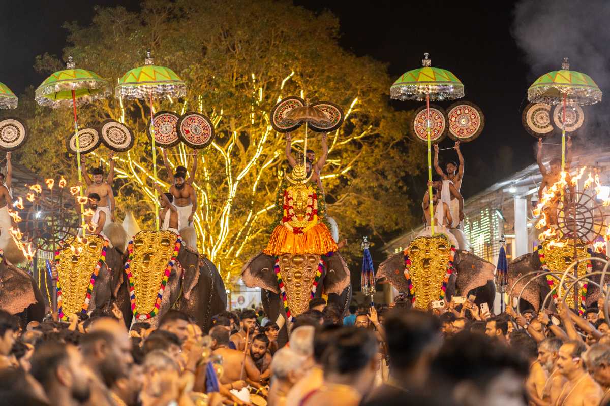 Grand Celebration of golden deity statue on an elephant with Chenda Melam performers.