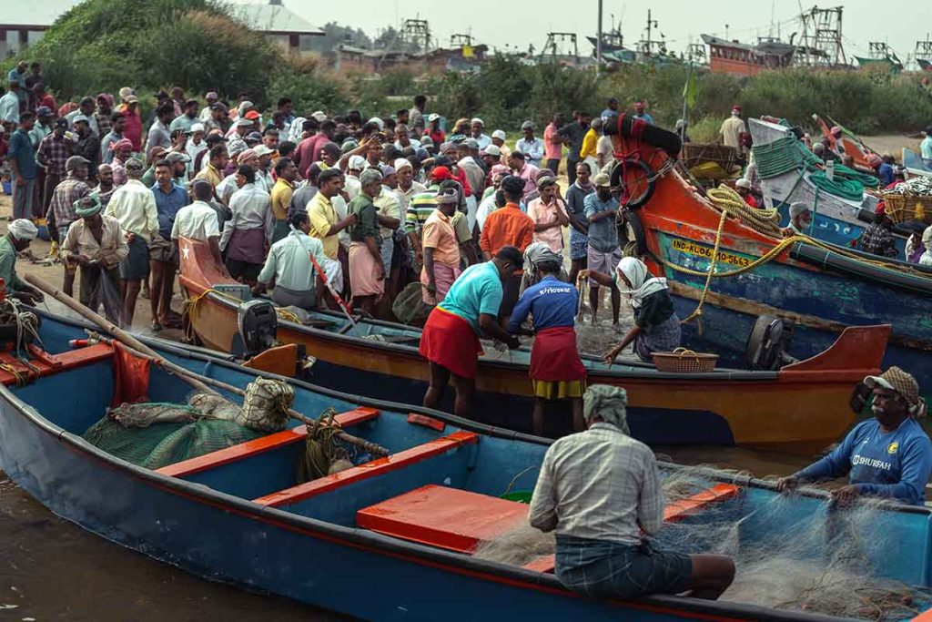 The boat's arrival on the shore, crowd gathering for the fish.