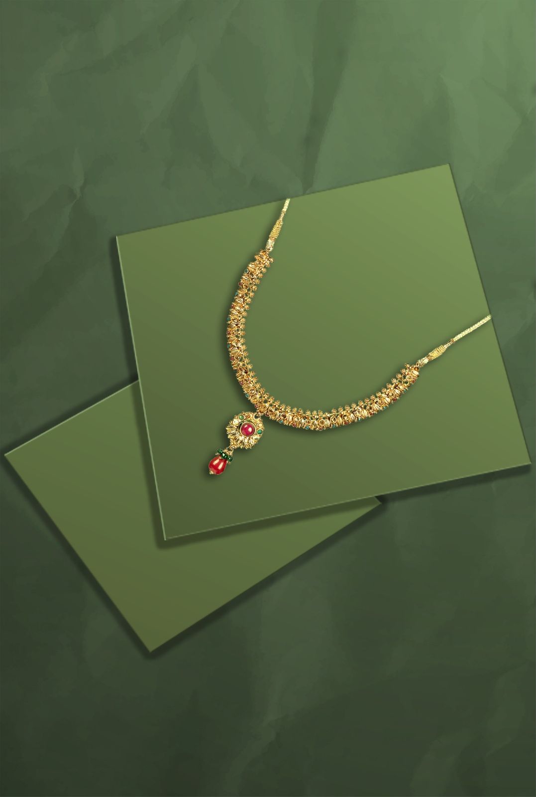 lustrous luxury of a delicate gold chain resting on a minimalist graphic.