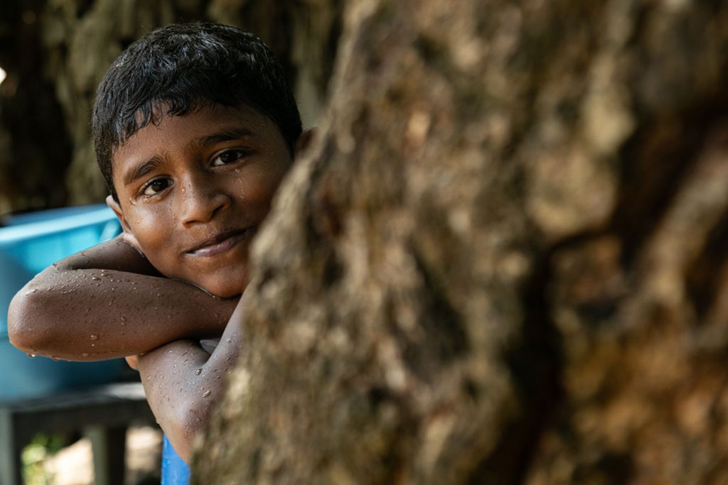 Peeking Joy A boy peeks from behind a tree, smiling.