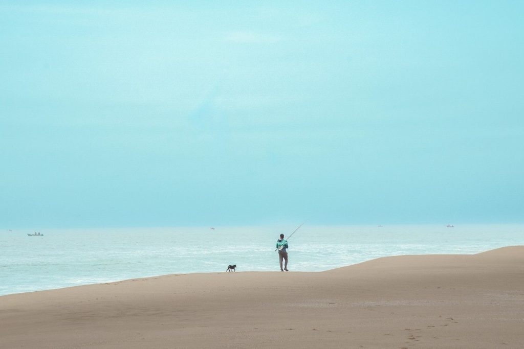 Quiet pursuit of a man and a dog fishing.