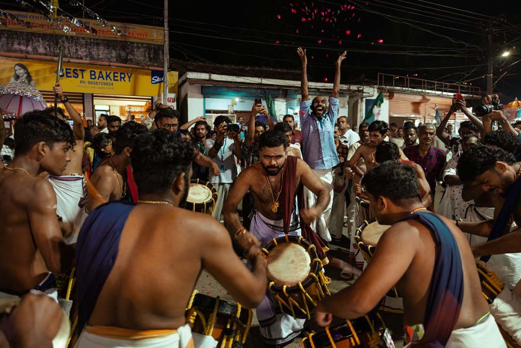 Rhythmic Frenzy Chenda melam artists lead a Rhythmic Frenzied celebration.