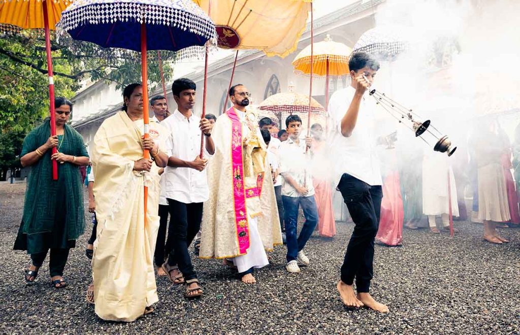 Sacred Procession A sacred, religious procession during a church festival in Kerala.