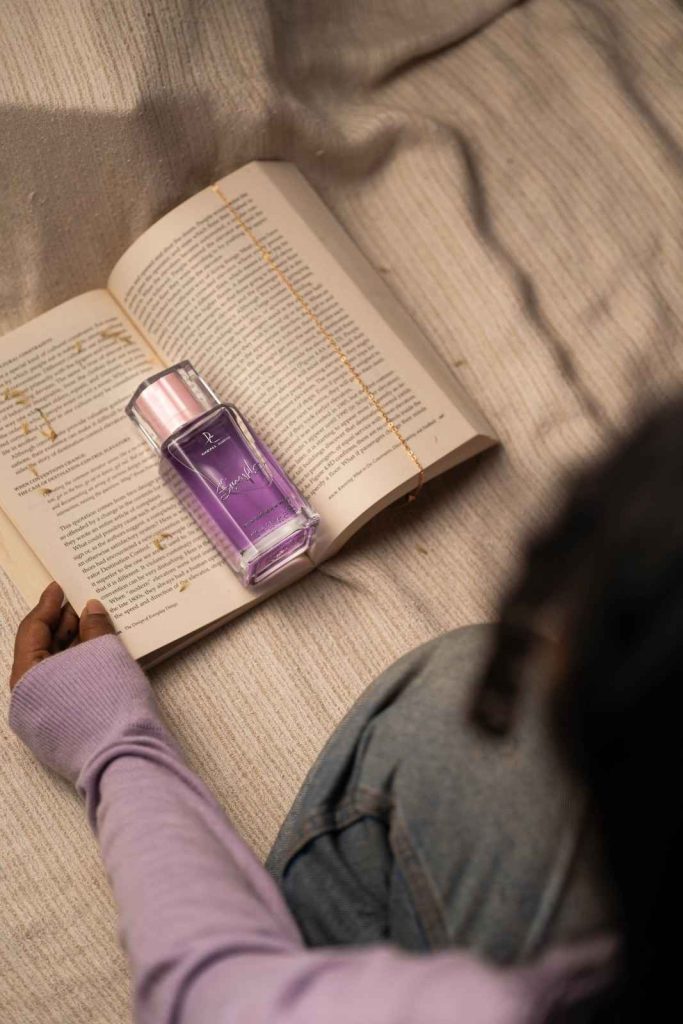 Serene Moments a perfume bottle placed on book pages.