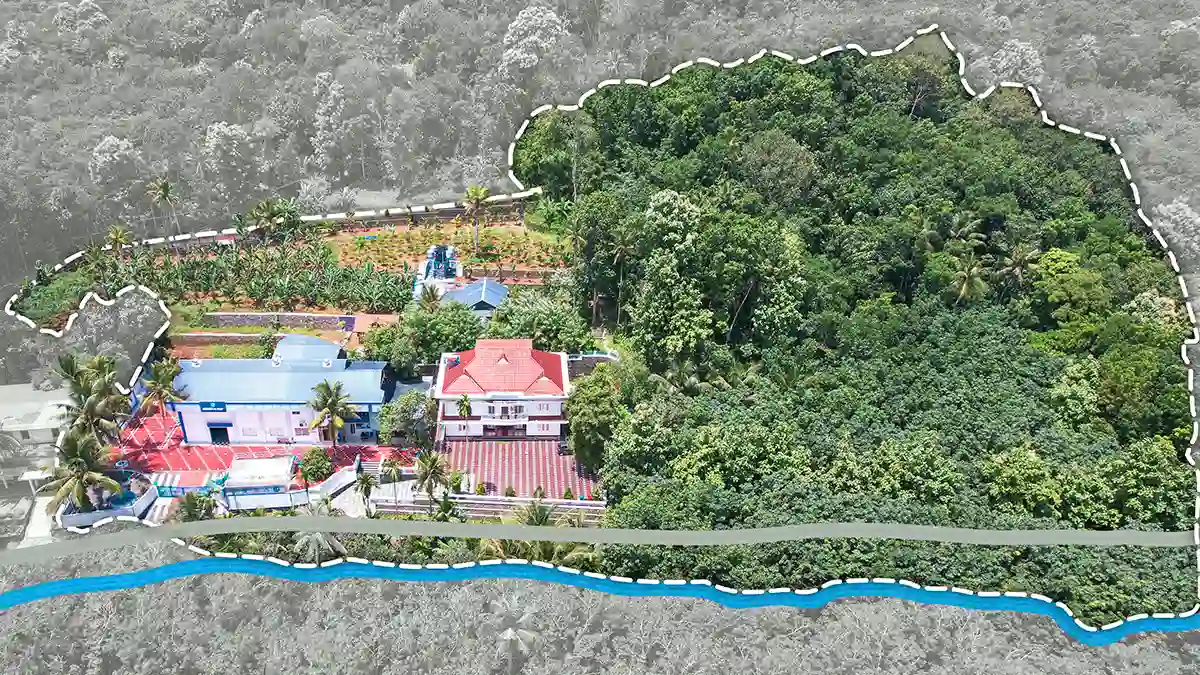 Aerial map of Creative Hut Gurukul campus in Kerala showing forest, farmland, river and buildings