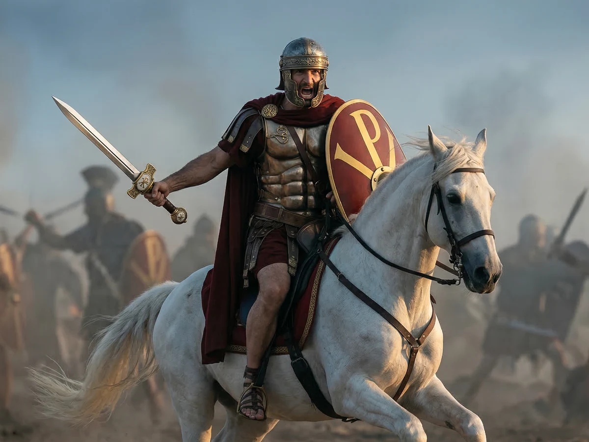 Roman emperor in armour, a Rising Embers AI film frame showing the same character across shots
