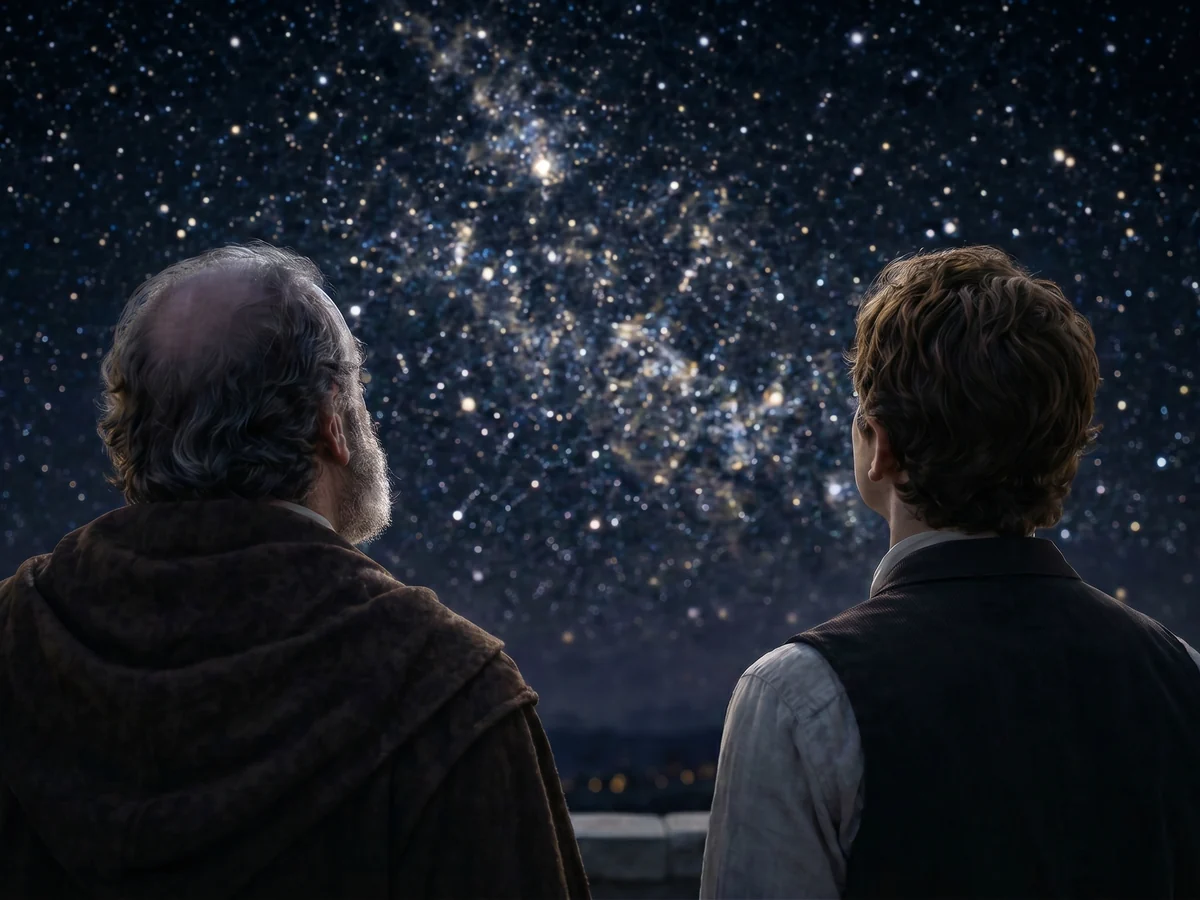 Stars above an observatory at night, a Rising Embers AI film frame for festival season