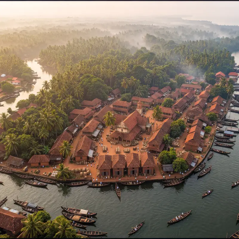 Aerial view of a Keralam river village at sunrise, an AI film frame from Rising Embers