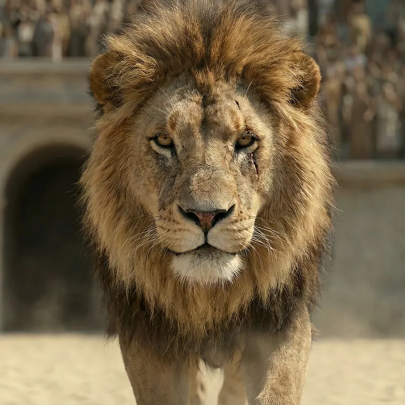 Lion walking across an arena, an AI film frame from Rising Embers