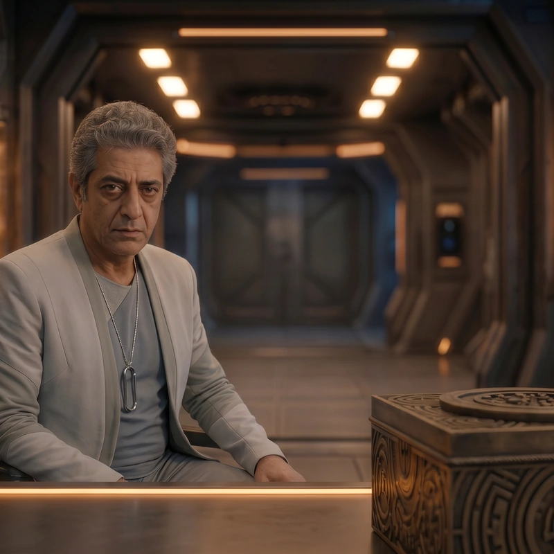 Man seated in a futuristic corridor with a robot, an AI film frame from Rising Embers