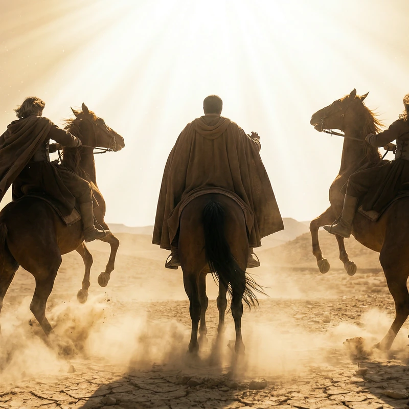 Three riders on horseback in a sunlit desert, an AI film frame from Rising Embers