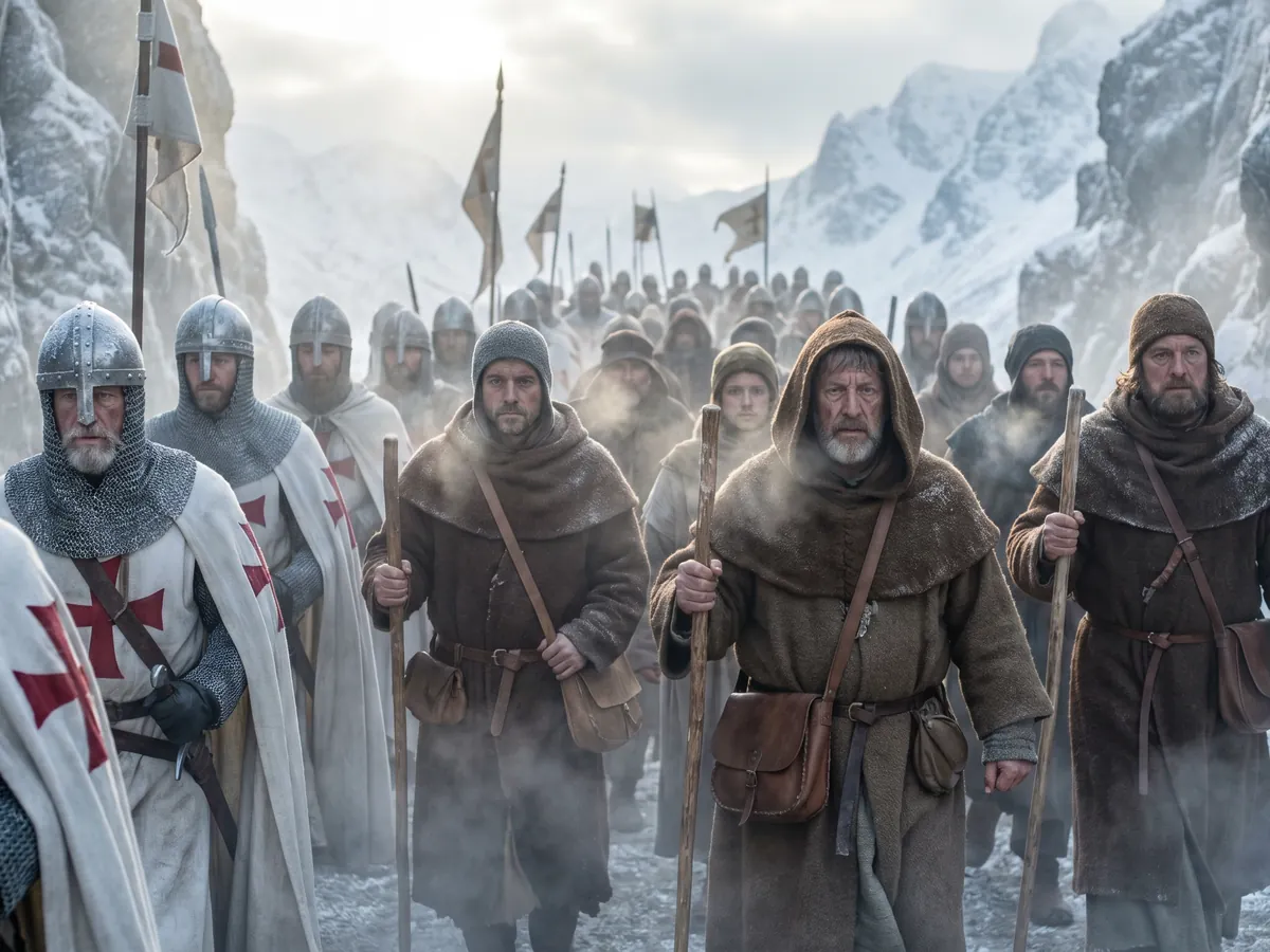 Long march through snow, a Rising Embers AI film frame
