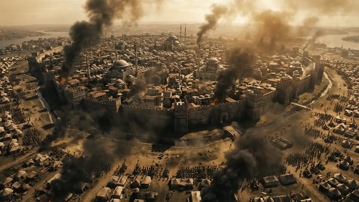 Aerial frame of a walled city under smoke, an AI film frame from Rising Embers