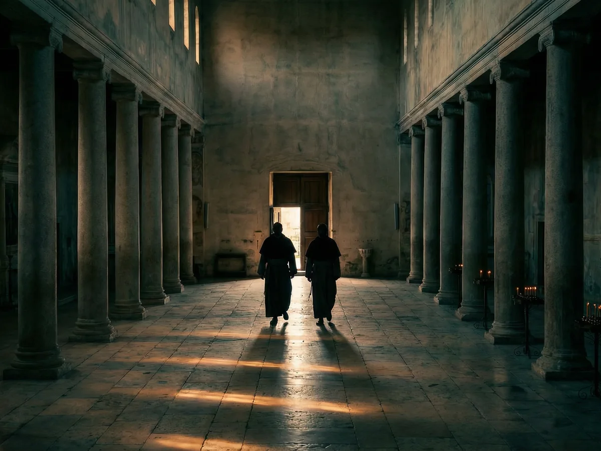 Sunlight and shadow along a pillared hall, an AI filmmaking lesson in light and framing from Rising Embers