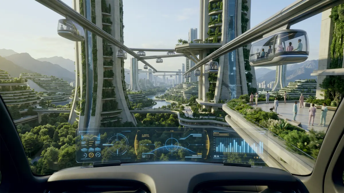 Futuristic city with a monorail, an AI film frame for AI filmmaking tools