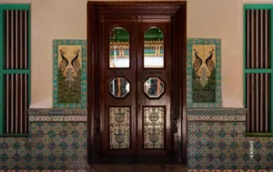 Carved wooden doorway with peacock tiles, architecture photograph by Rahul R, Creative Hut Academy