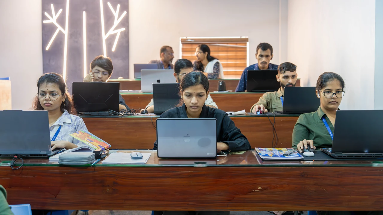 Film school classroom at Creative Hut Academy, Mattakkara, Keralam, with students working at laptops
