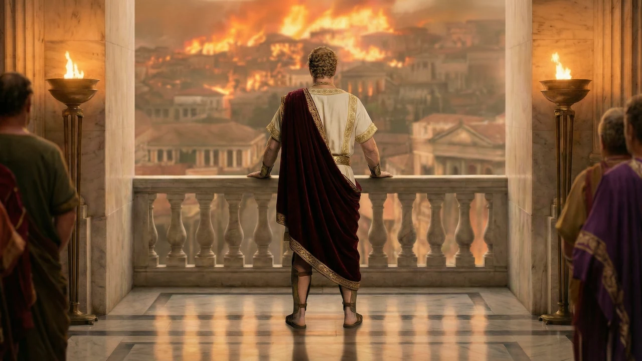 Rising Embers AI feature film frame of an emperor on a balcony watching Rome burn