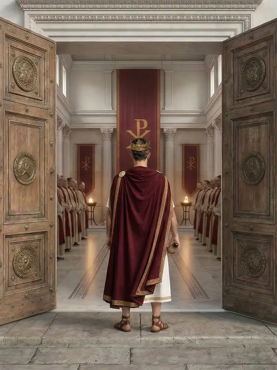 Ruler walking through palace doors, a Rising Embers AI film frame