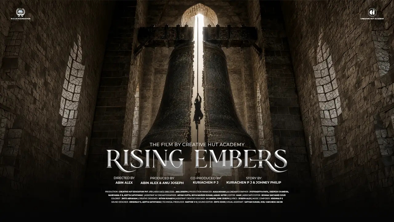 Rising Embers film poster showing a figure climbing a rope in front of a giant bell inside a stone tower