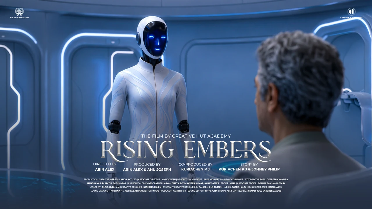 Rising Embers film poster showing a white humanoid robot facing a grey haired man in a blue futuristic room