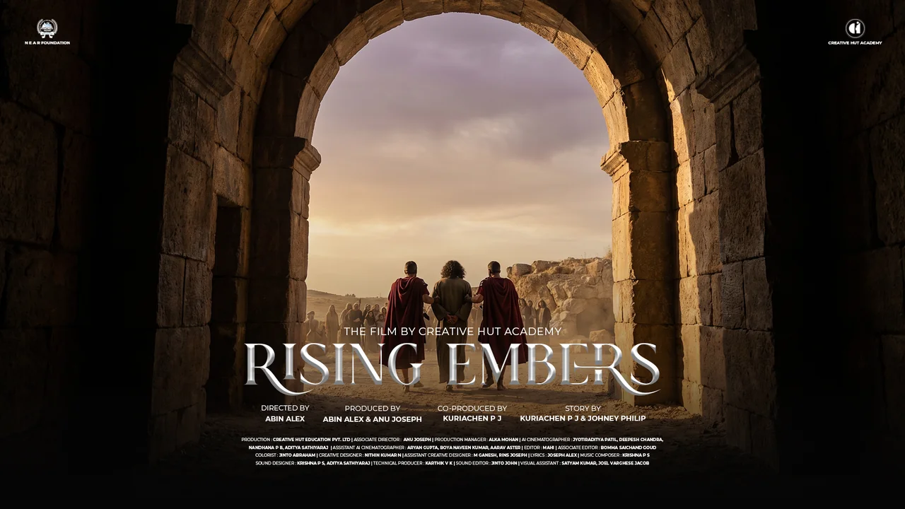 Rising Embers film poster showing a bound man led by two guards in red capes through a stone archway