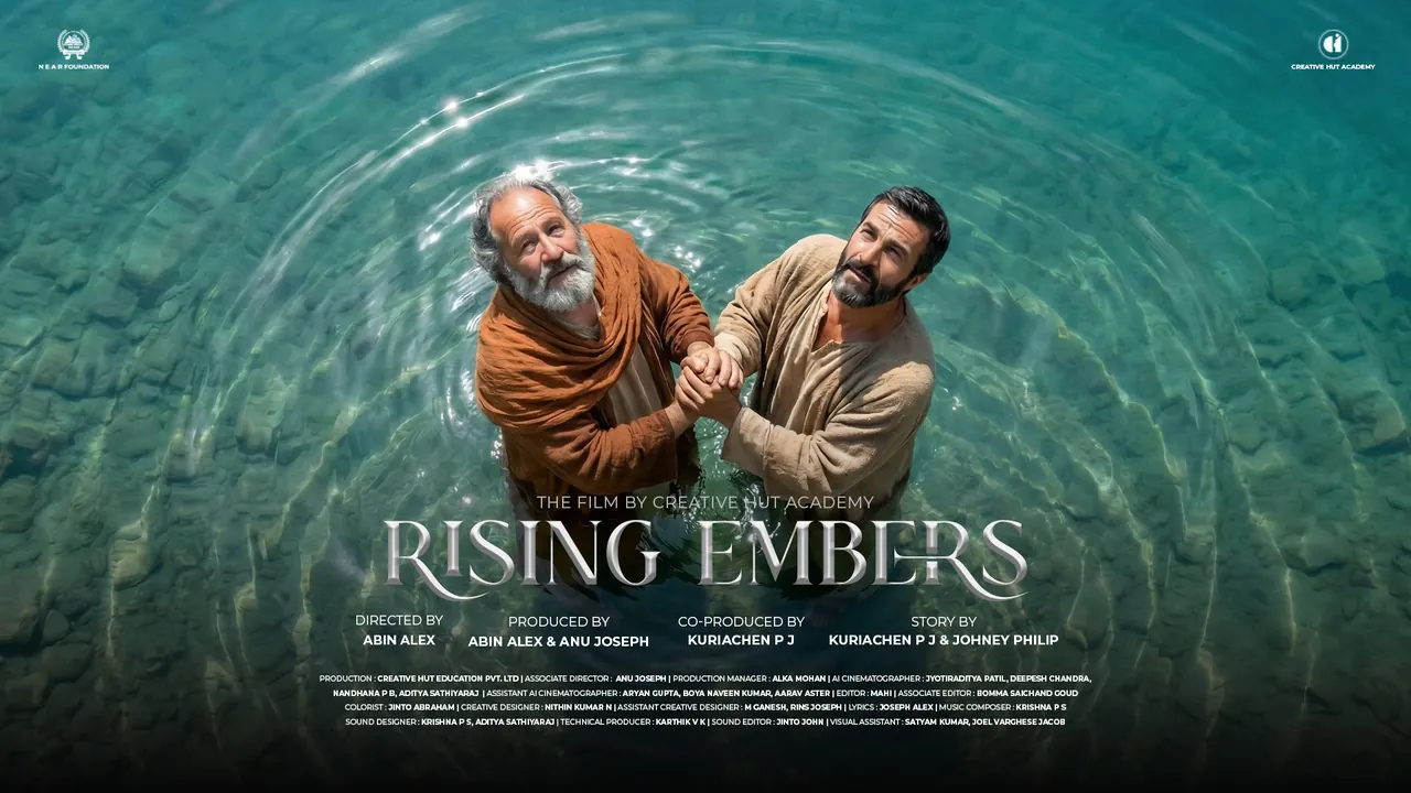 Rising Embers film poster showing two men holding hands in clear turquoise water, looking up